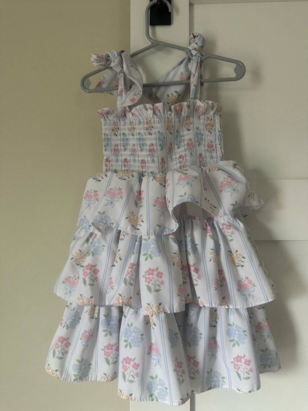 Smocked White Floral Tiered Sundress with Tie Straps